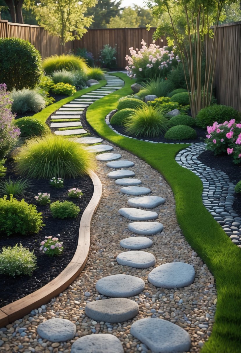 A garden showcasing eleven different types of garden paths including stone, gravel, wood, brick, stepping stones, cobblestone, concrete, mulch, pebble mosaic, bamboo, and dirt trail surrounded by various plants and flowers.
