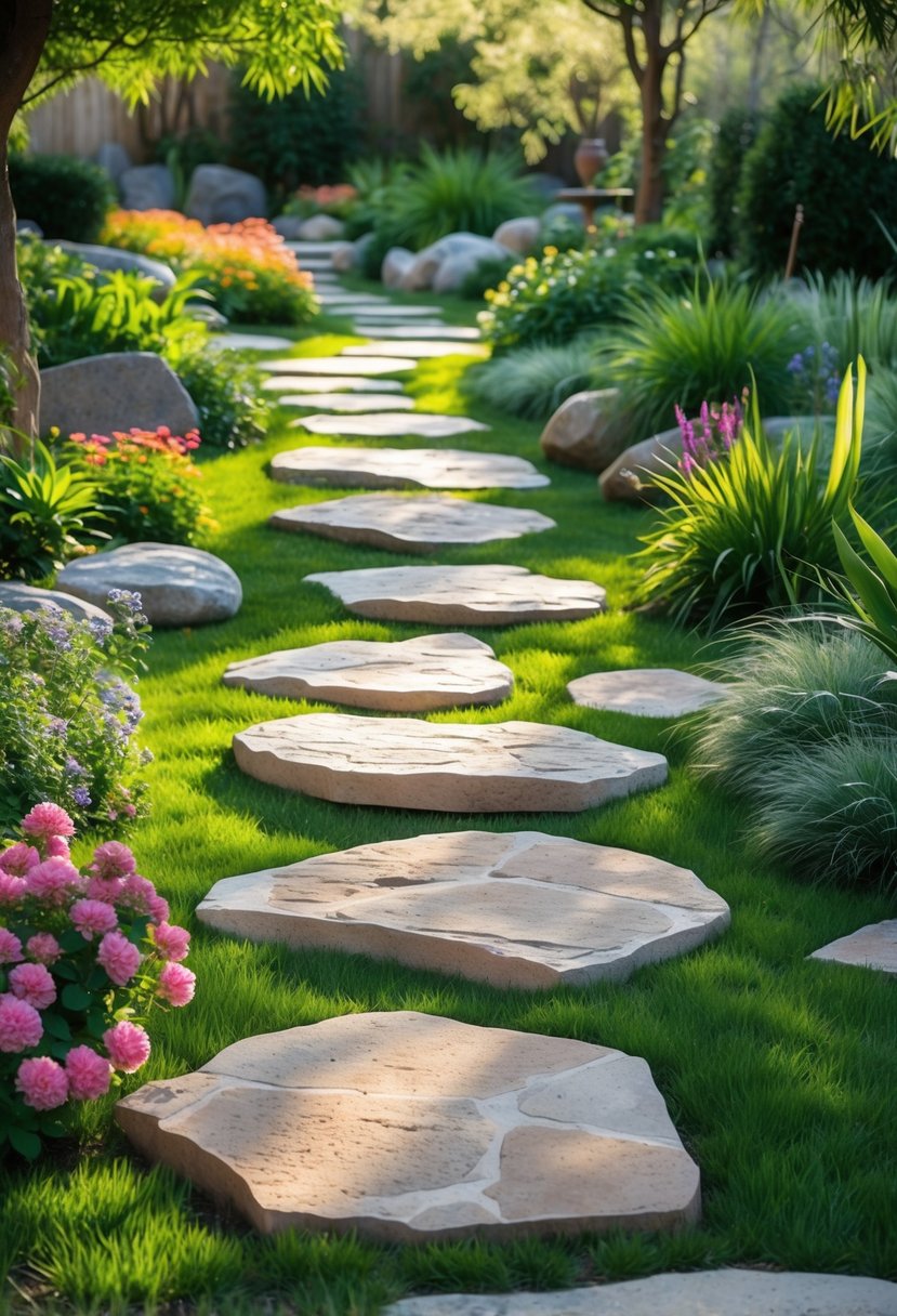 A garden with several stepping stone paths made of irregular natural stones surrounded by plants and flowers.