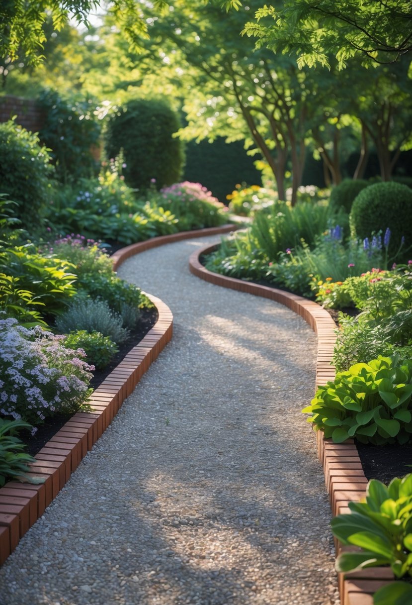 A gravel garden walkway edged with red bricks winding through green plants and flowers.