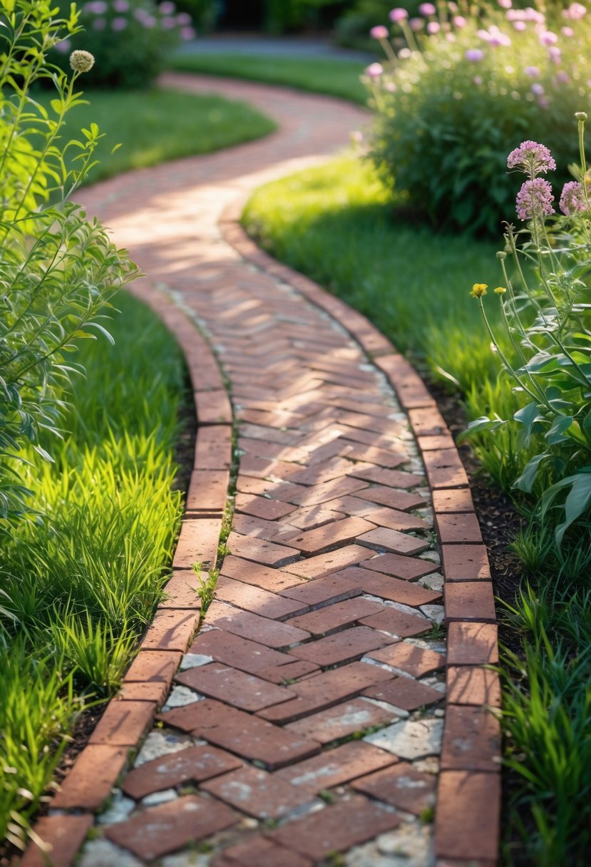 A garden path made of red bricks arranged in a herringbone pattern, bordered by green grass and flowering plants.