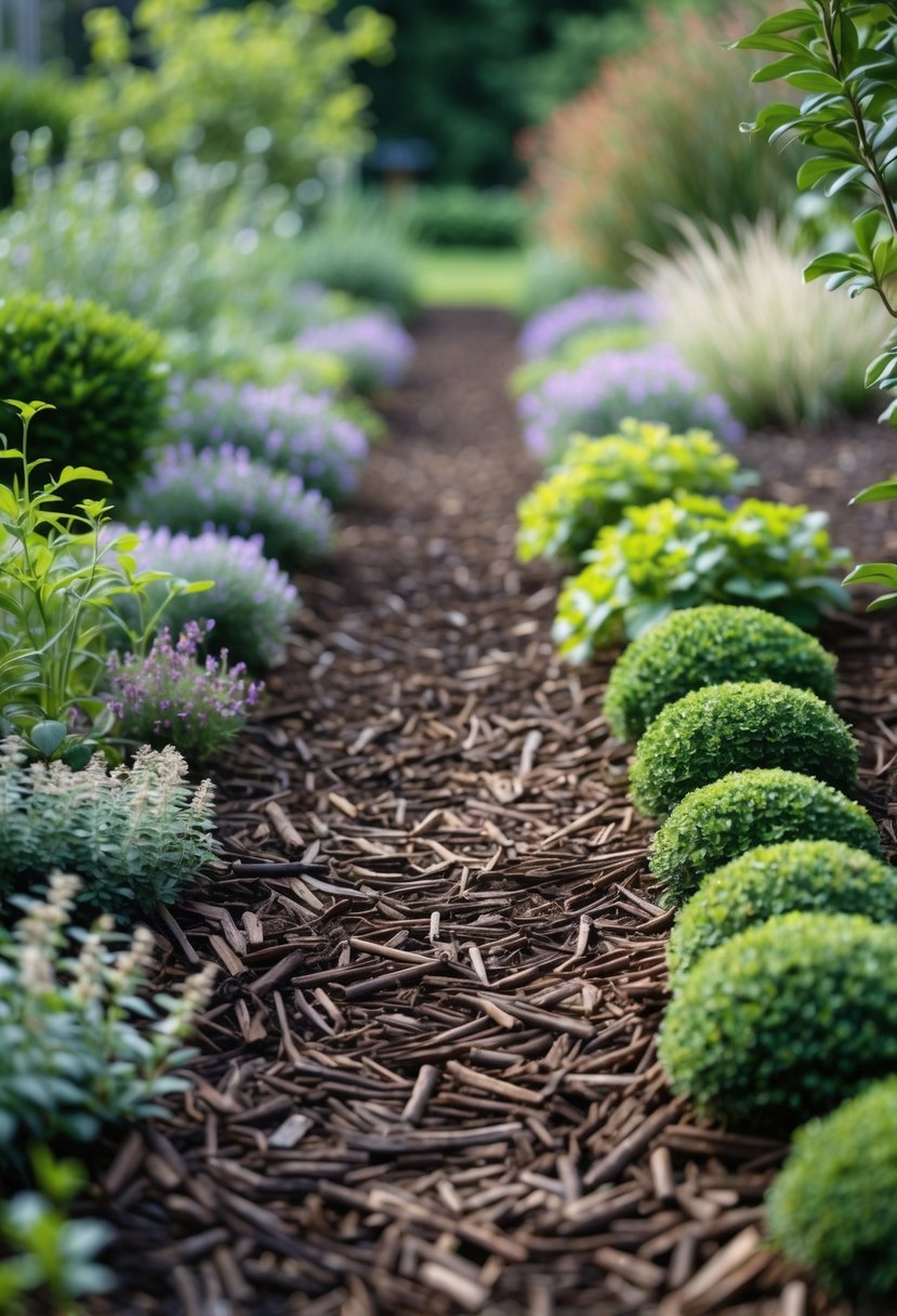 A mulch garden path bordered by low green plants and small flowers.