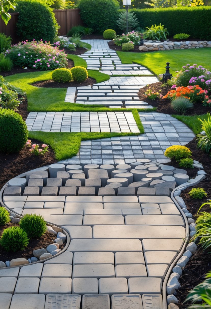 A garden scene displaying eleven different concrete paver walkways surrounded by plants and greenery.