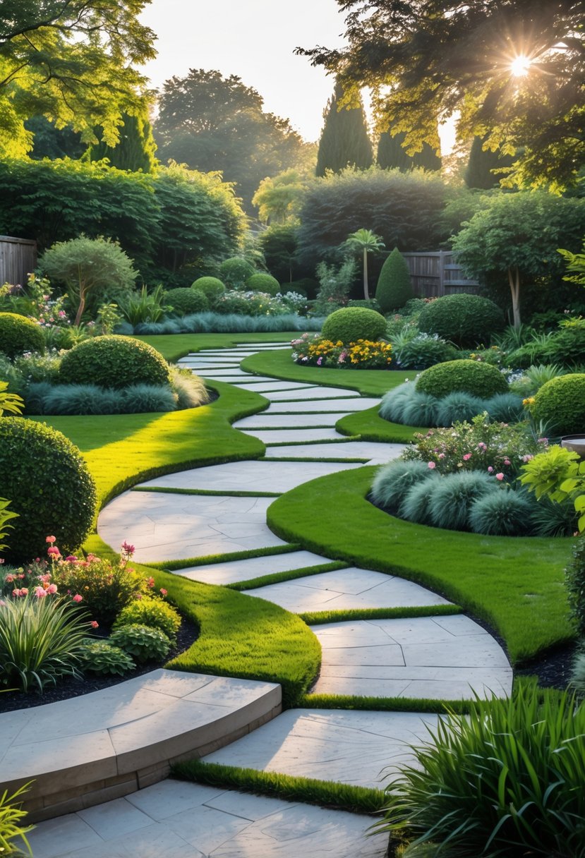 Curved stone paths winding through a garden with green plants and colorful flowers.