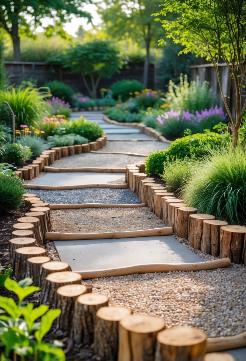 A garden with several walkways bordered by rustic wooden logs surrounded by plants and flowers.