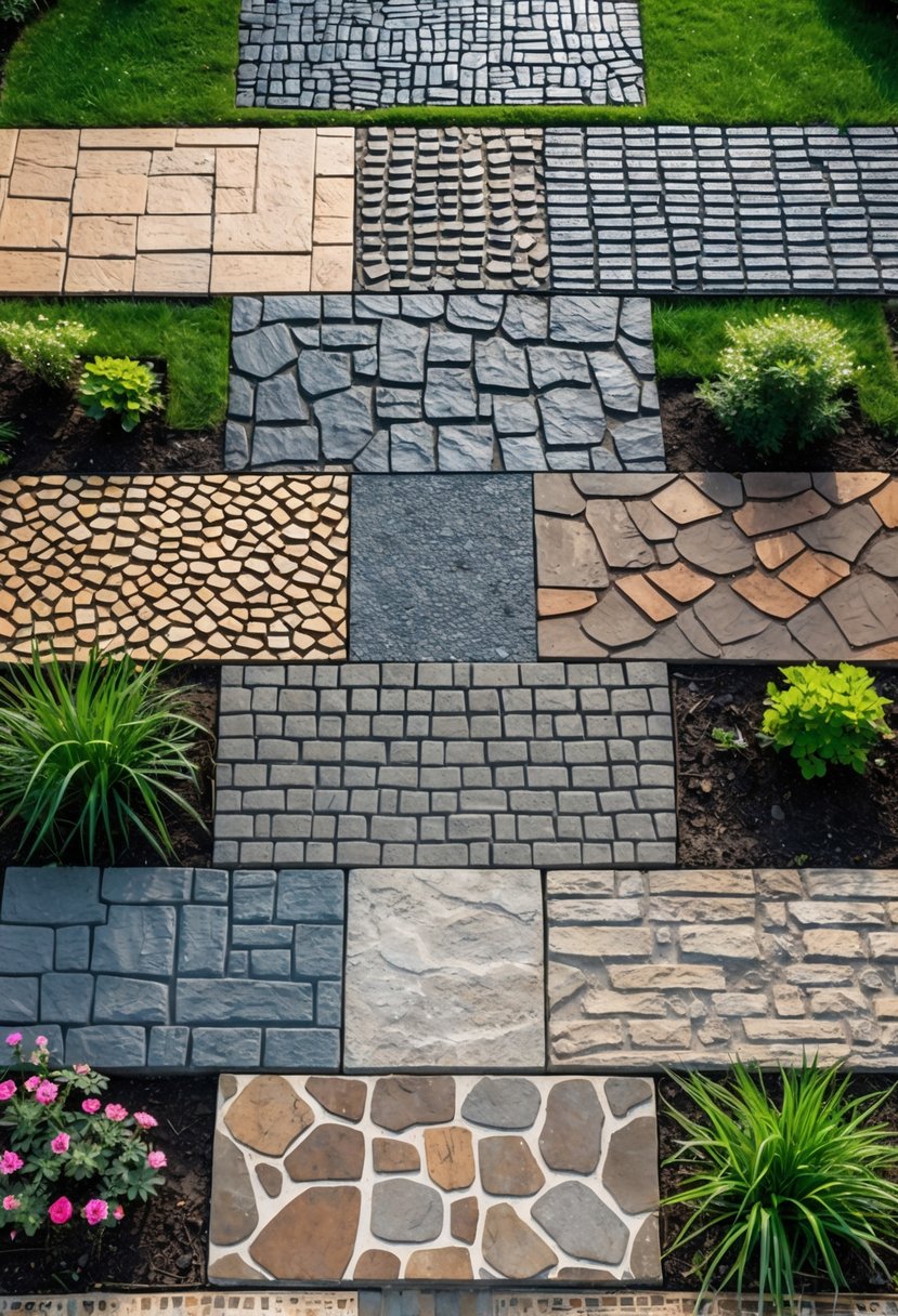 Eleven distinct garden paths made of various stamped concrete stone patterns surrounded by grass and plants.