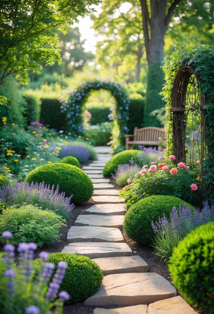 A winding stone garden path surrounded by green plants, colorful flowers, trees, and a wooden bench in the background.