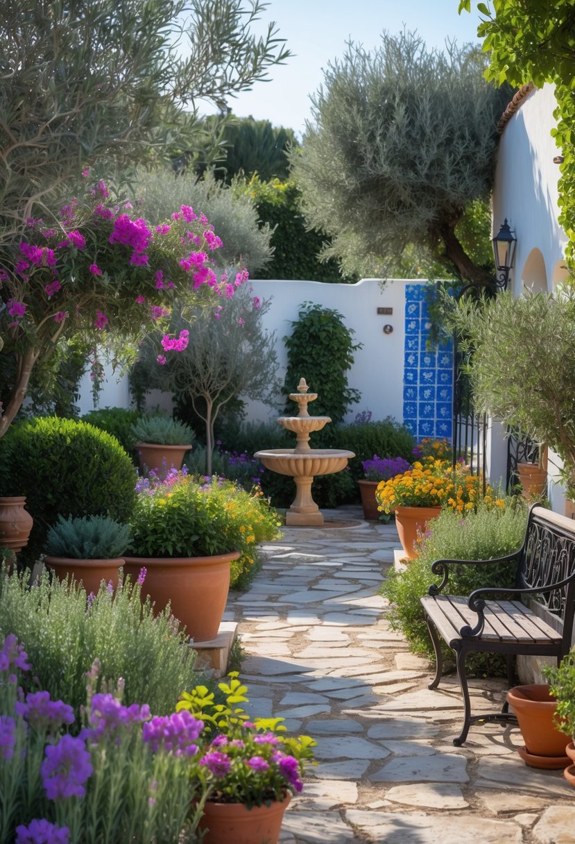 A sunlit Mediterranean garden with stone pathways, terracotta pots, olive trees, flowering plants, and a water fountain surrounded by greenery.