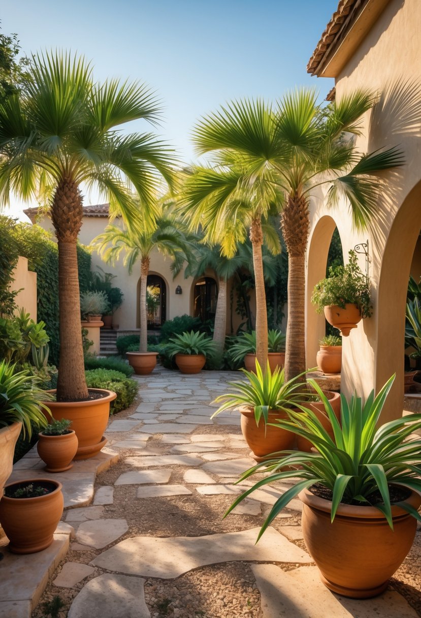 A Mediterranean garden with several potted palm plants arranged along a stone pathway next to a stucco wall.