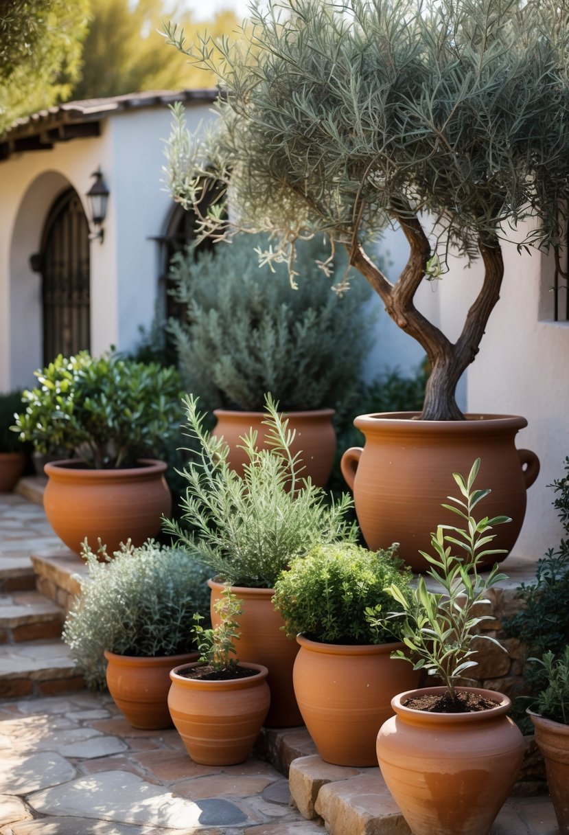 A collection of terracotta pots filled with Mediterranean plants arranged outdoors on stone surfaces with sunlight and garden elements in the background.