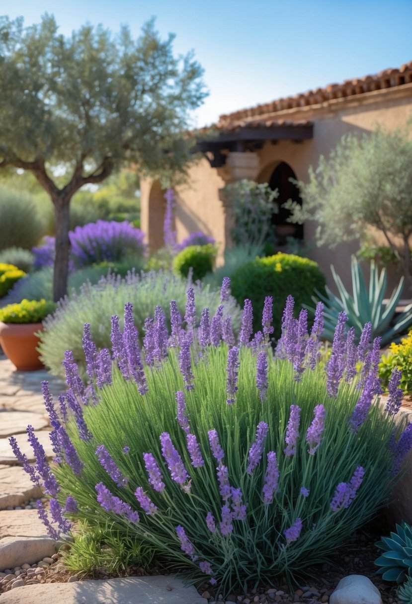 A Mediterranean garden with blooming lavender plants surrounded by olive trees, rosemary bushes, and succulents under a clear blue sky.