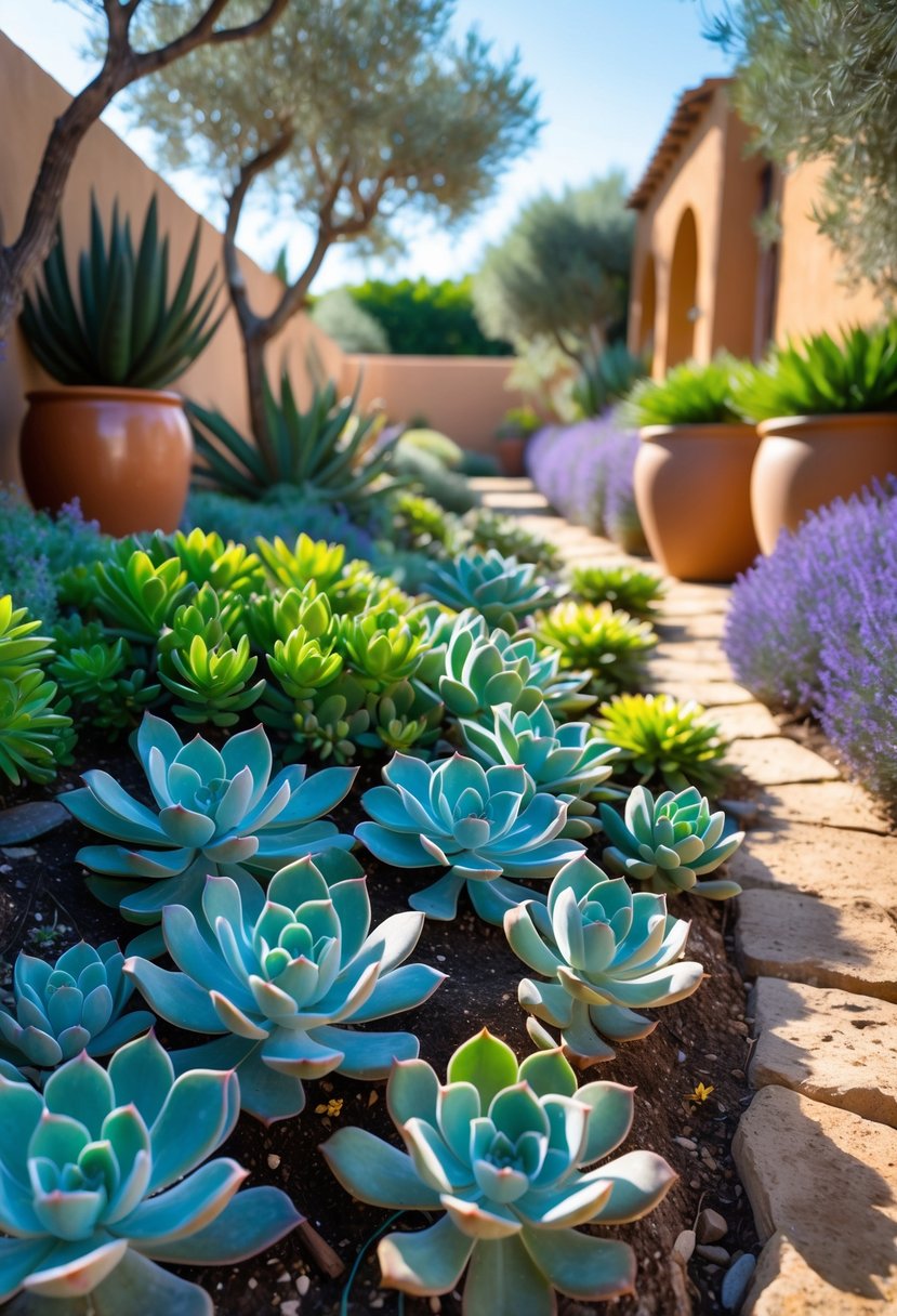 A variety of colorful succulents densely covering the ground in a sunny Mediterranean garden with stone pathways and terracotta pots.