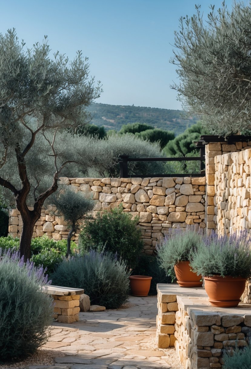 A Mediterranean garden with natural stone walls surrounded by green plants and trees under a clear blue sky.