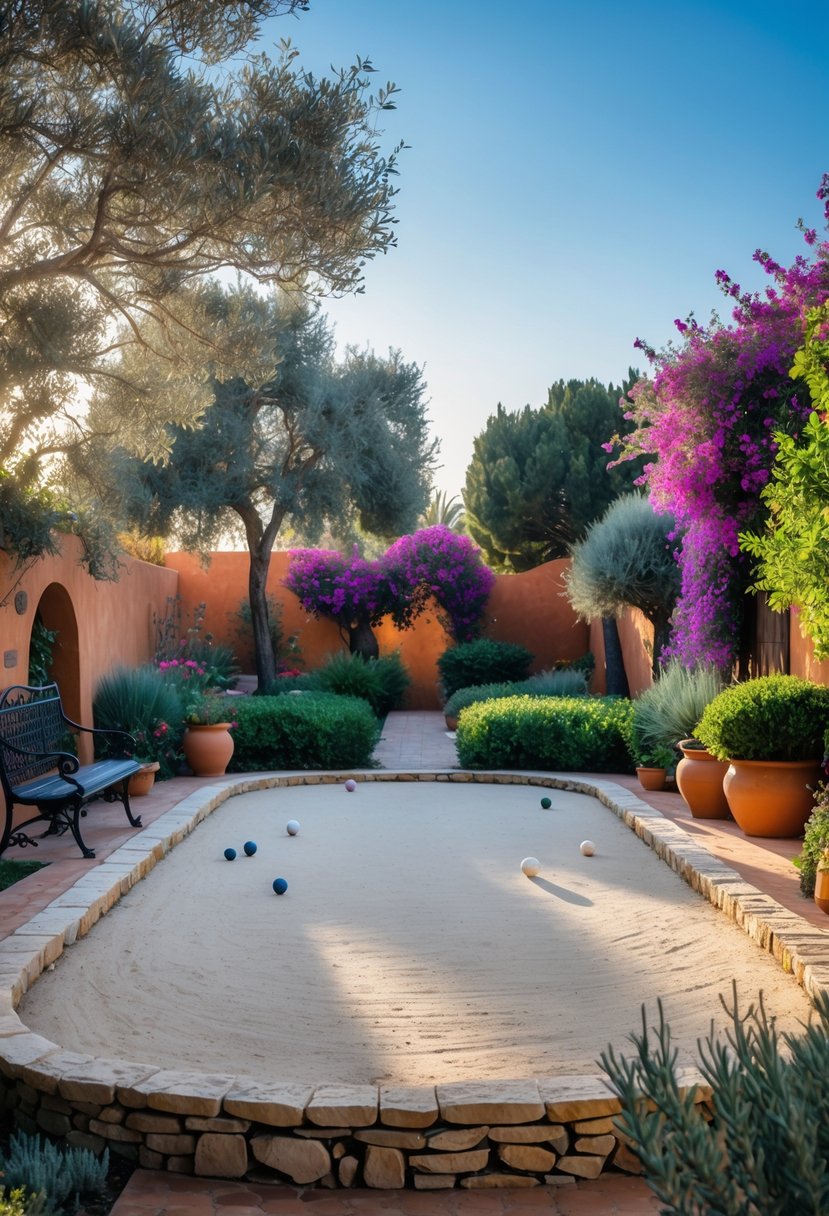 A bocce court surrounded by Mediterranean plants and stone walls under a clear blue sky.