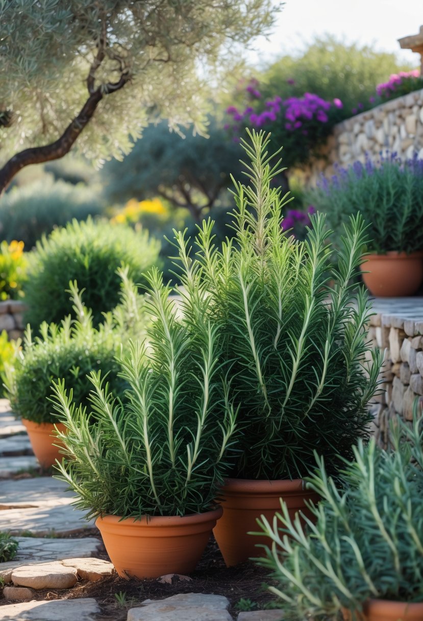 A sunlit Mediterranean garden with healthy rosemary shrubs growing along stone pathways and terracotta pots, surrounded by olive trees and flowering plants.