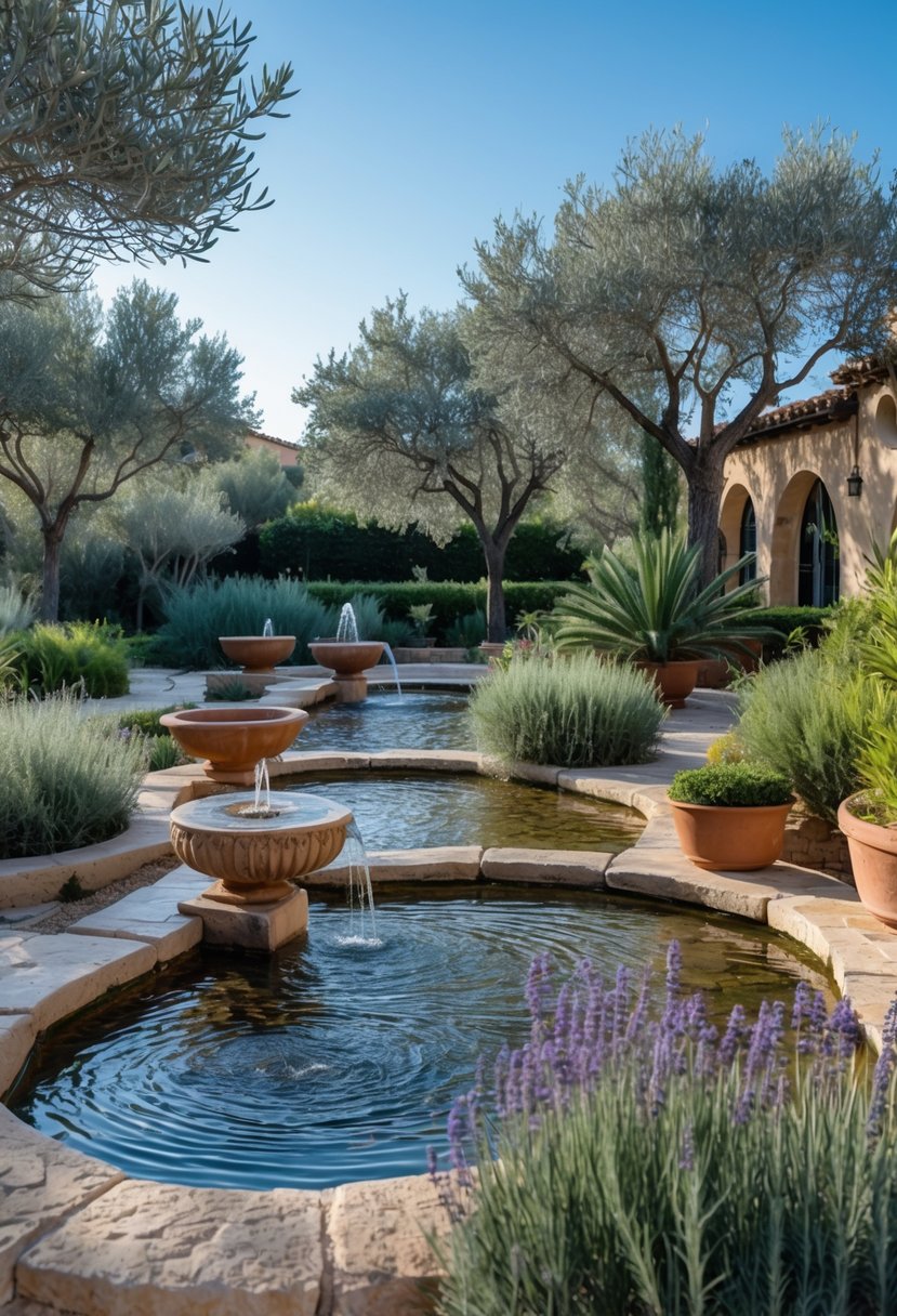 A Mediterranean garden with stone fountains surrounded by olive trees, lavender, and rosemary under a sunny sky.