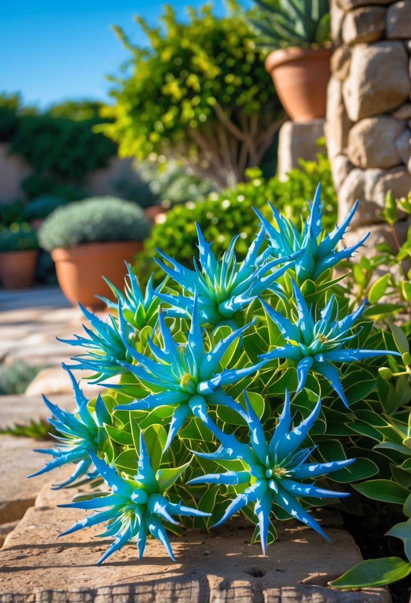 Close-up of spiky blue Sea Holly flowers surrounded by Mediterranean garden plants and stone pathways under sunlight.