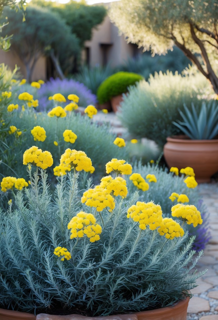Yellow Santolina (Cotton Lavender) flowers with silvery-green leaves in a sunlit Mediterranean garden with stone pathways and terracotta pots.