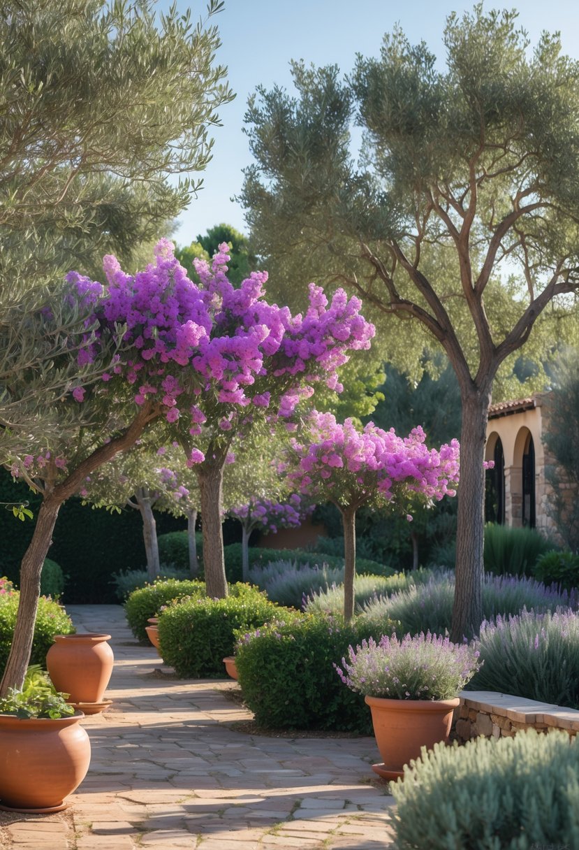 A sunlit Mediterranean garden with 15 crape myrtle trees blooming in pink, purple, and white flowers, surrounded by stone paths, terracotta pots, olive trees, and lavender plants.