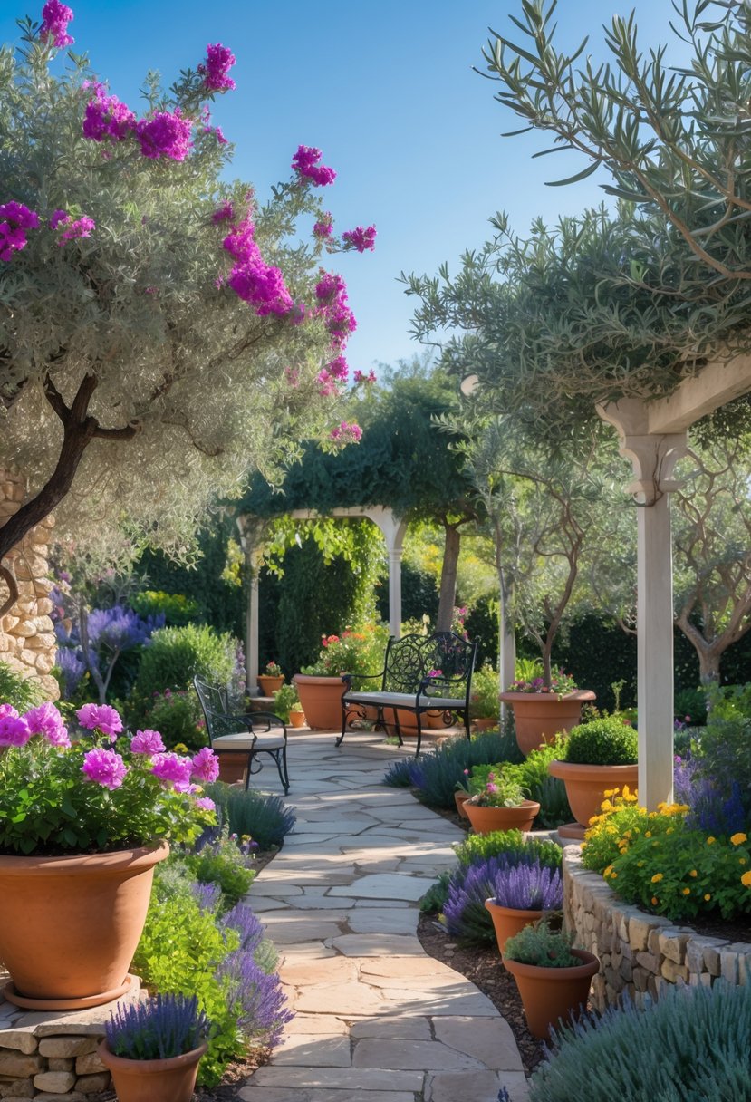 A Mediterranean garden with olive trees, flowering plants, stone pathways, and a shaded bench under a pergola.