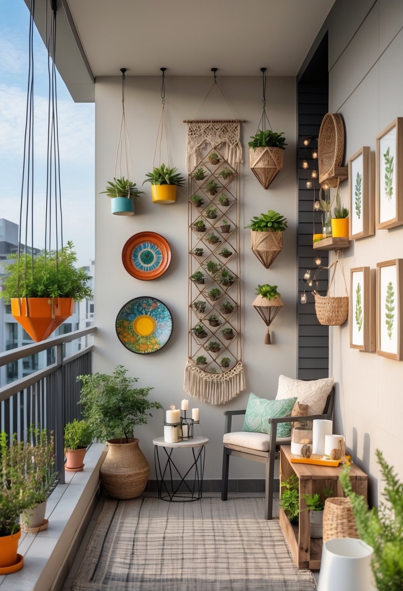 A balcony wall decorated with eight different decor items including plants, wall art, shelves, and lights.