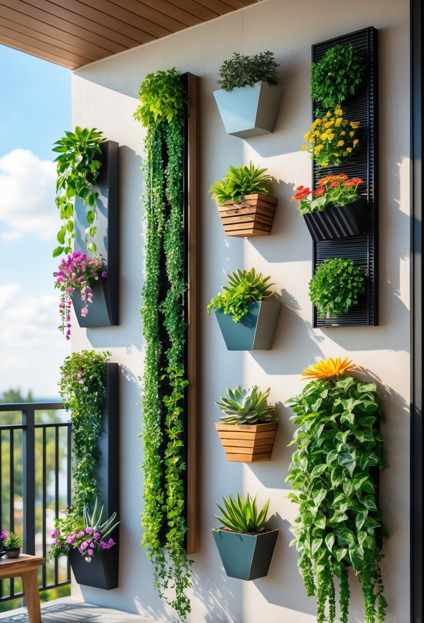 A balcony wall decorated with eight different vertical garden planters filled with various green plants and colorful flowers.