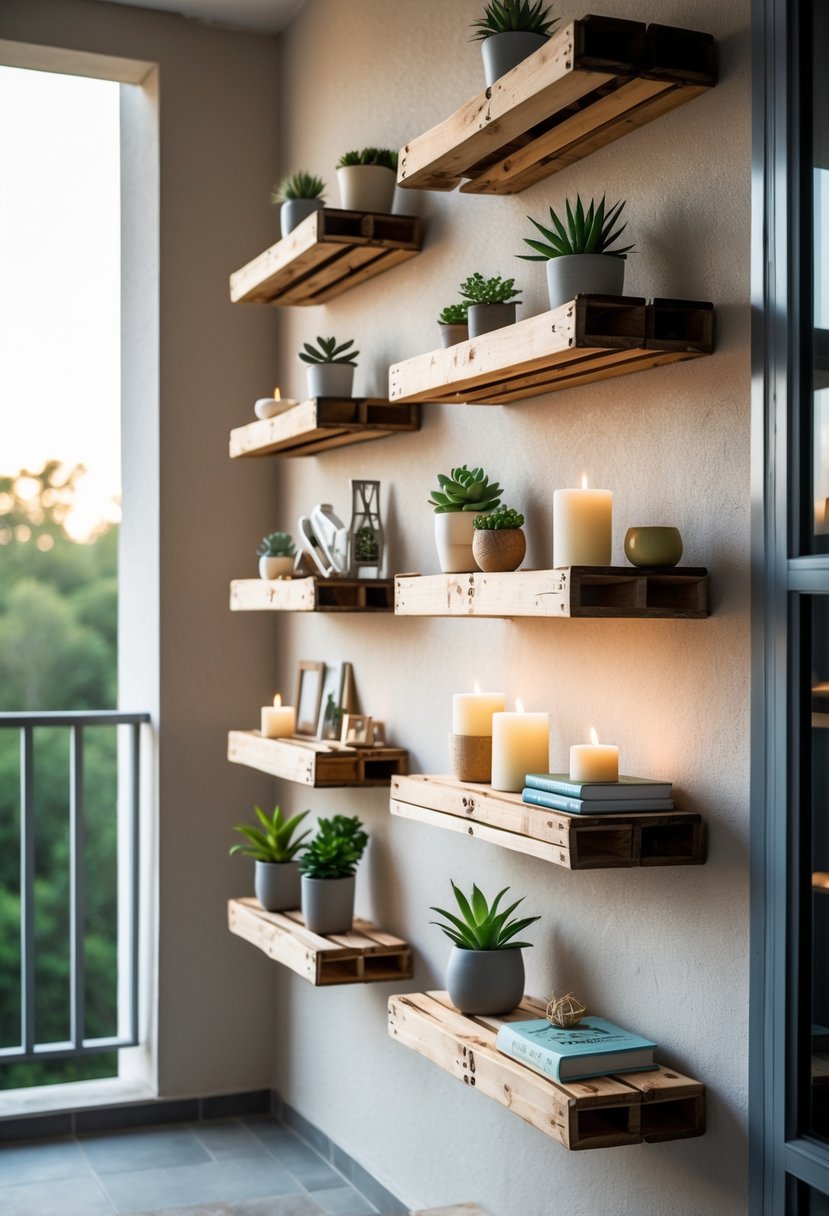Eight wooden pallet wall shelves arranged on a balcony wall holding plants, candles, books, and decorative items.
