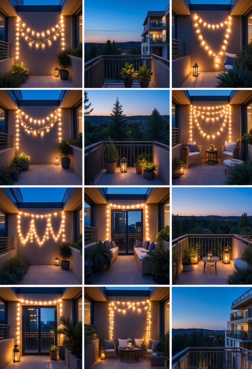 Eight balconies decorated with different styles of glowing string lights and outdoor decor during twilight.