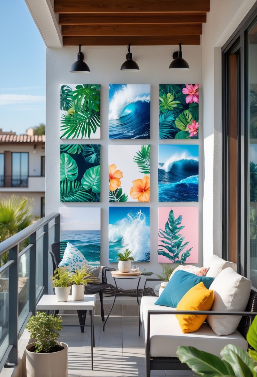 A balcony decorated with eight colorful canvas prints on the walls, surrounded by outdoor furniture and plants.
