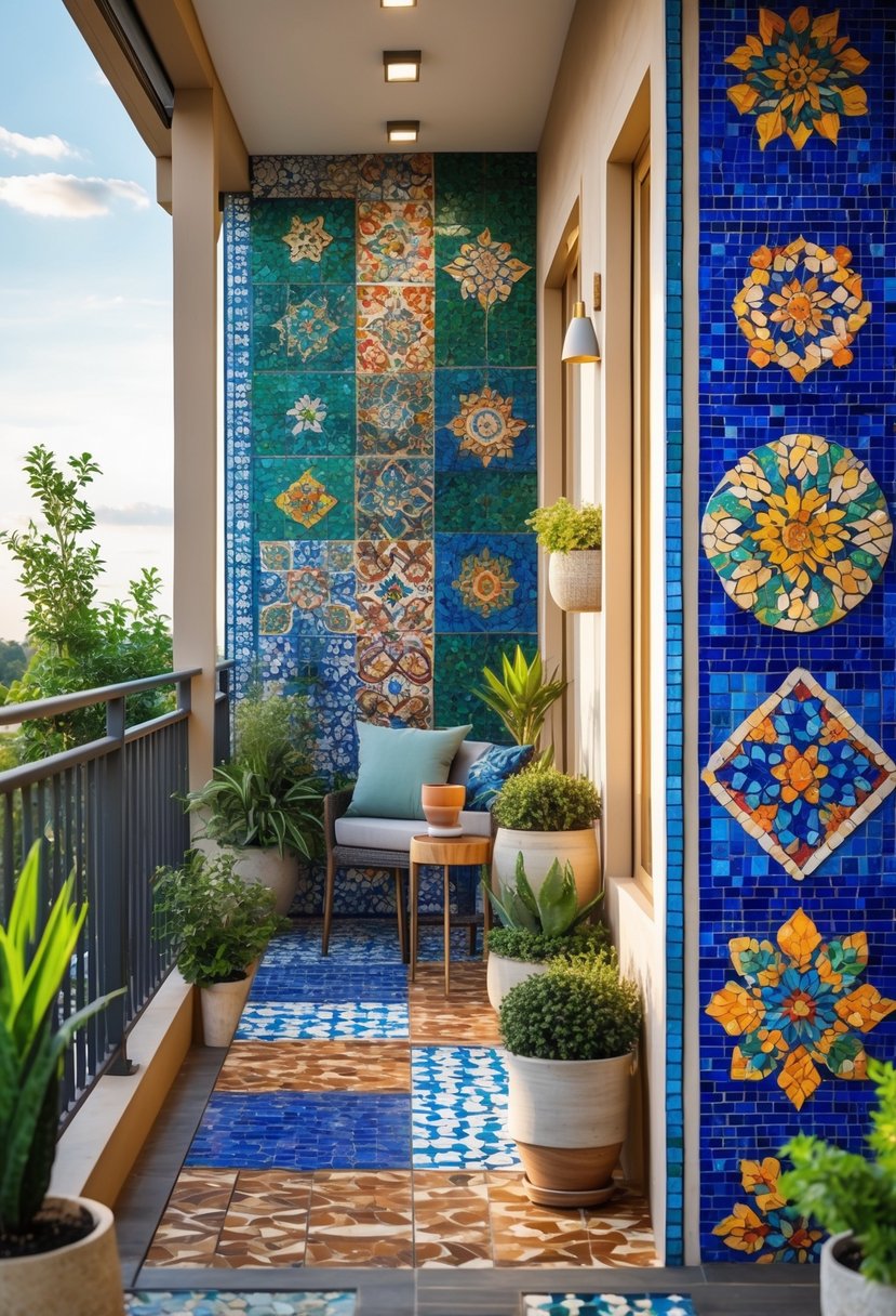 Balcony walls decorated with eight different colorful mosaic tile designs, surrounded by plants and outdoor furniture.