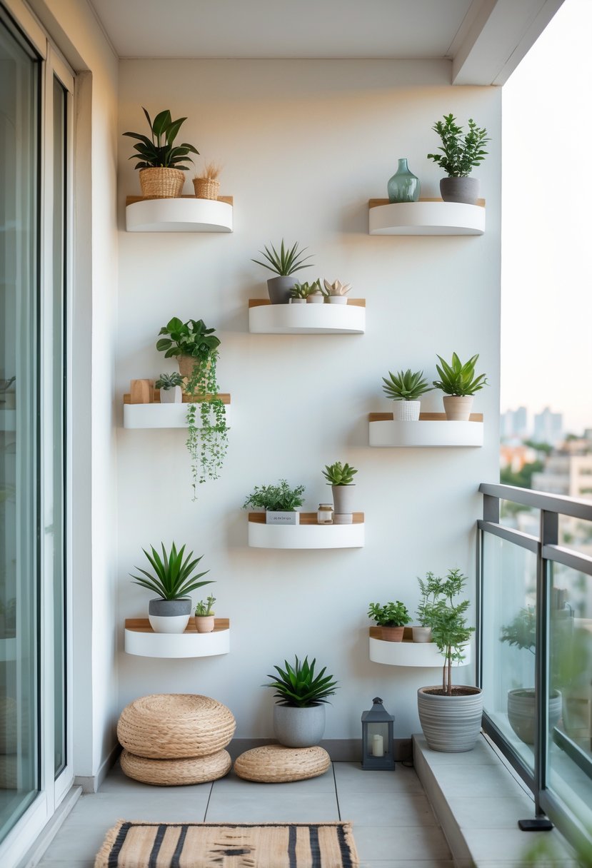A balcony with eight floating corner shelves decorated with plants and small items, creating a cozy outdoor space.