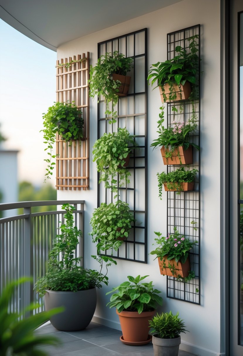 A balcony wall with eight different climbing plant trellises supporting green plants and flowers, with potted plants at the base and a railing in the background.