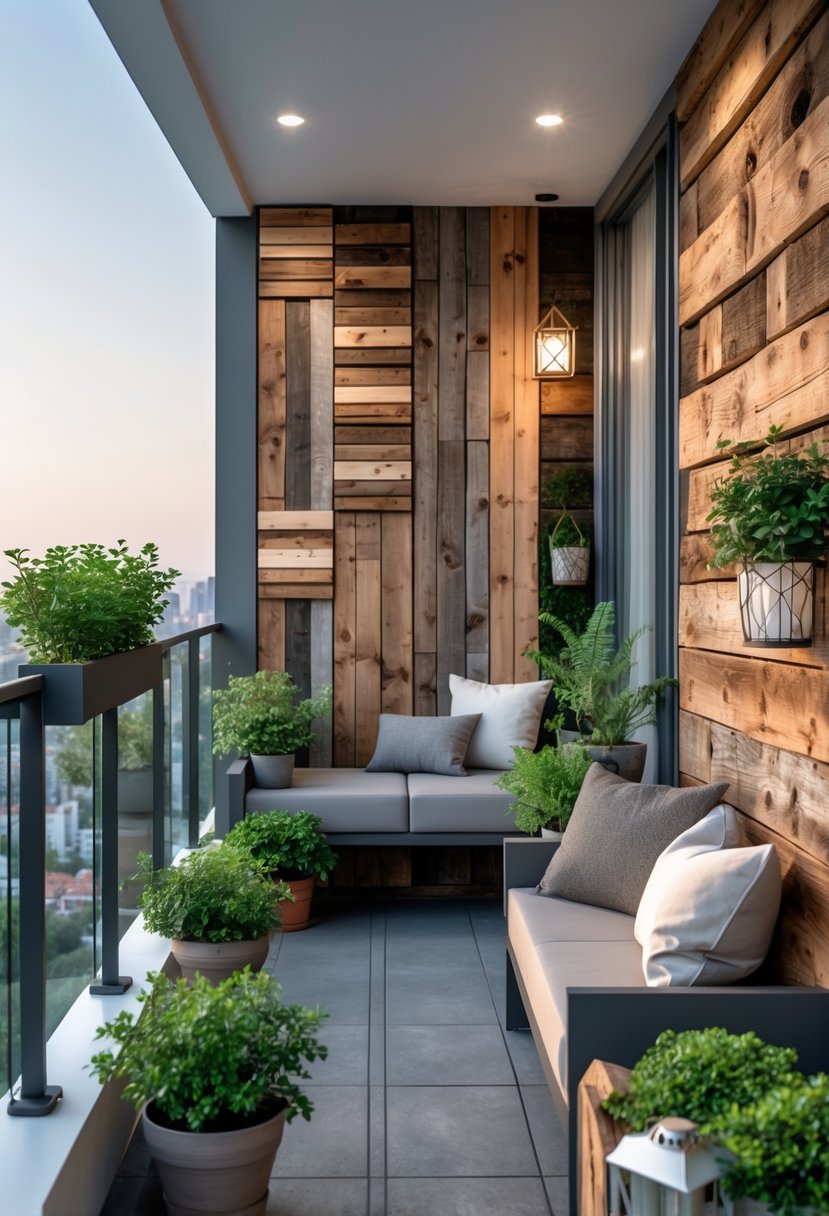 A balcony with reclaimed wood wall panels and various decorative plants and seating arrangements.