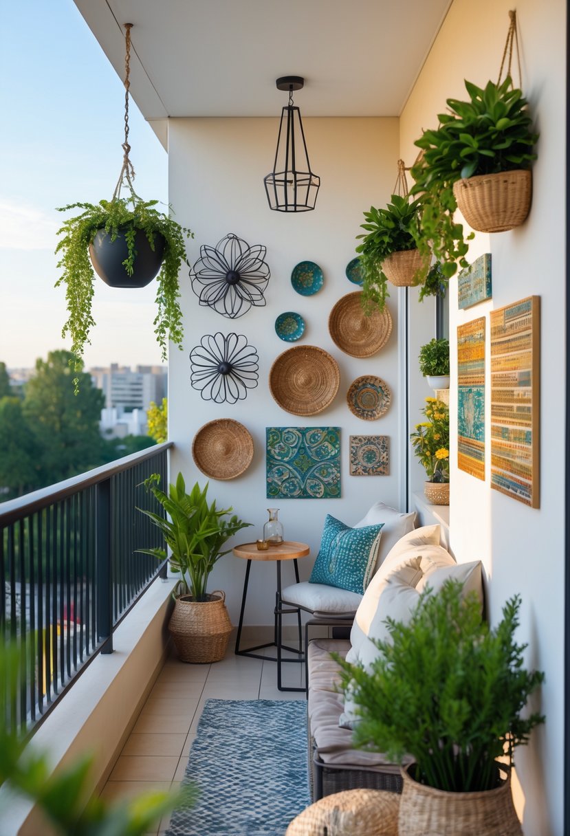 A balcony with various wall decorations including plants, metal art, woven baskets, and ceramic tiles, with a small seating area and natural outdoor lighting.