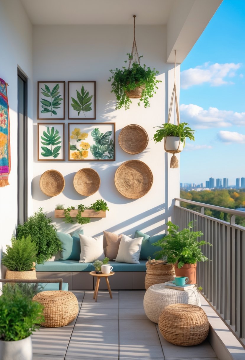 A balcony with eight different types of wall decor including plants, framed art, metal sculptures, and woven baskets, with comfortable seating and a city view in the background.
