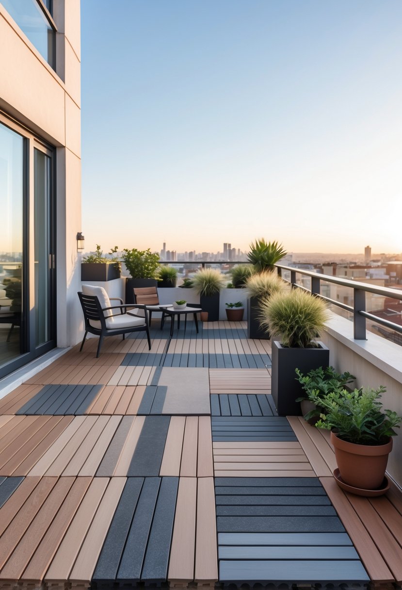 A balcony with interlocking deck tiles arranged in different styles, featuring outdoor furniture and plants.