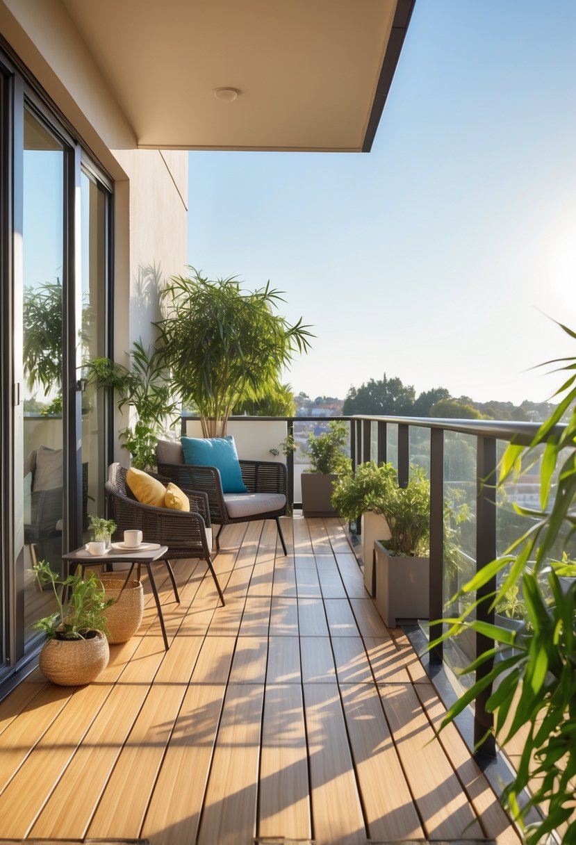 Outdoor balcony with bamboo flooring, outdoor furniture, and green plants under a clear sky.