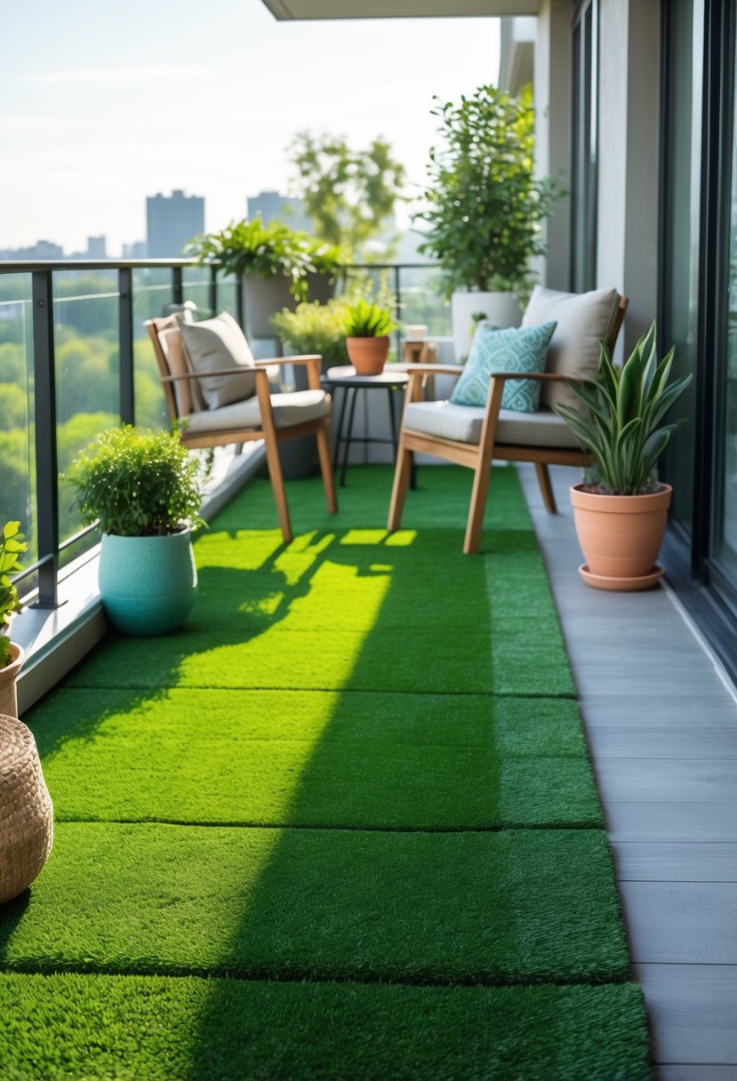 A balcony with artificial grass turf flooring, outdoor furniture, and plants overlooking a cityscape.