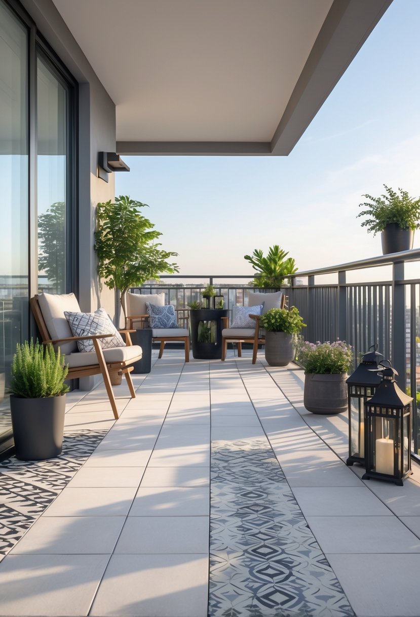 A modern balcony with various porcelain outdoor tiles, outdoor furniture, and plants under natural sunlight.