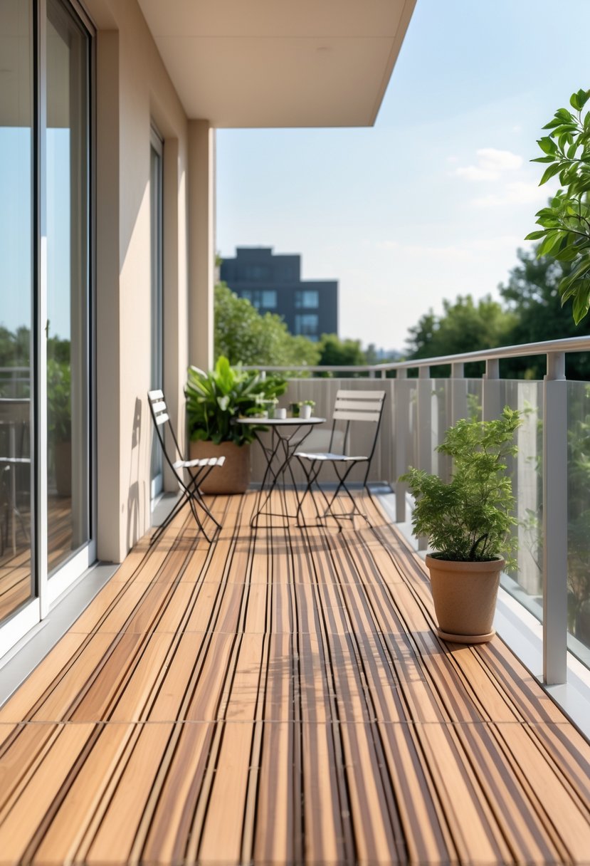 A balcony with wooden slat flooring, outdoor furniture, and potted plants overlooking a garden or cityscape.