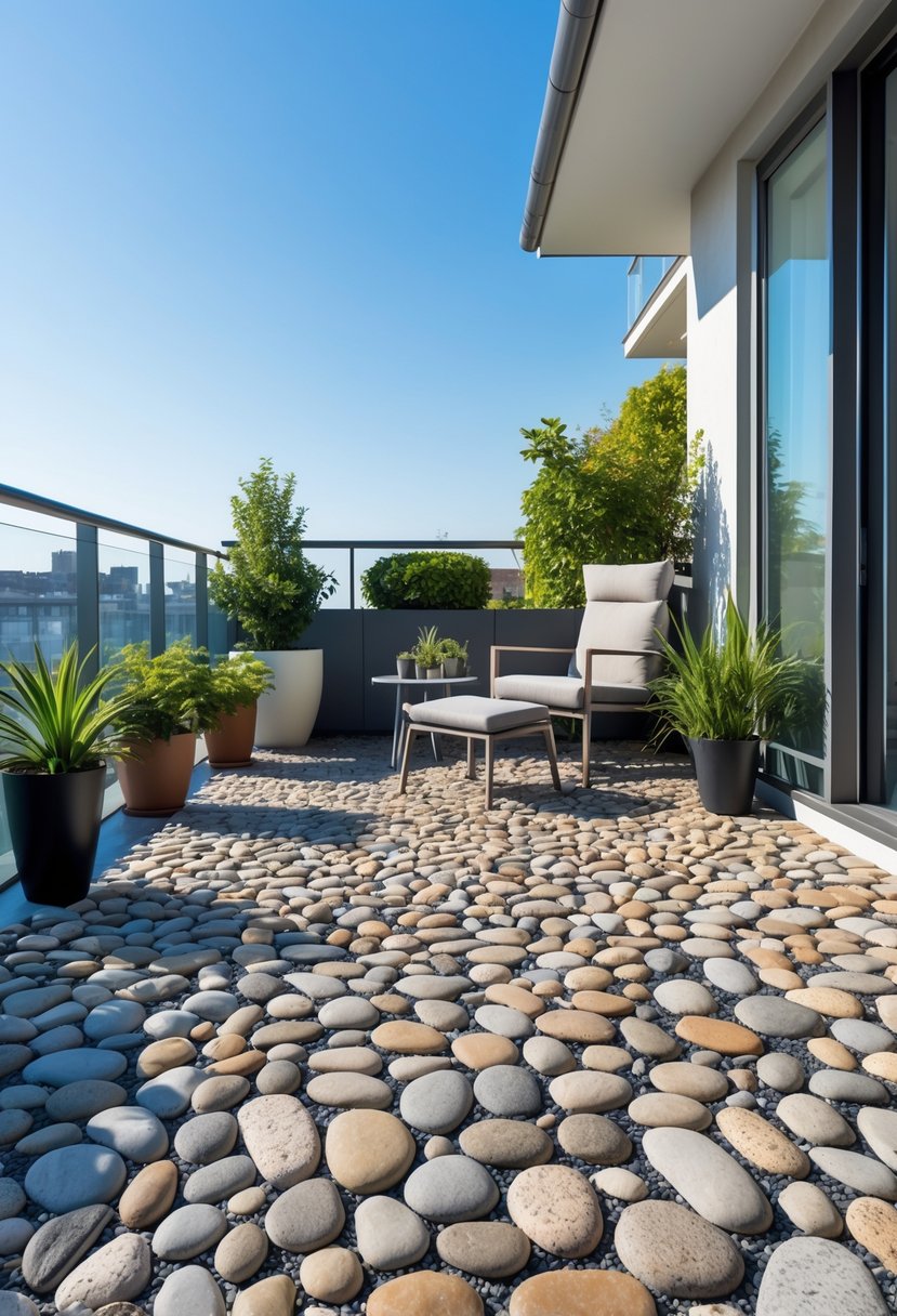 A balcony with pebble stone flooring, outdoor furniture, and green plants under natural sunlight.