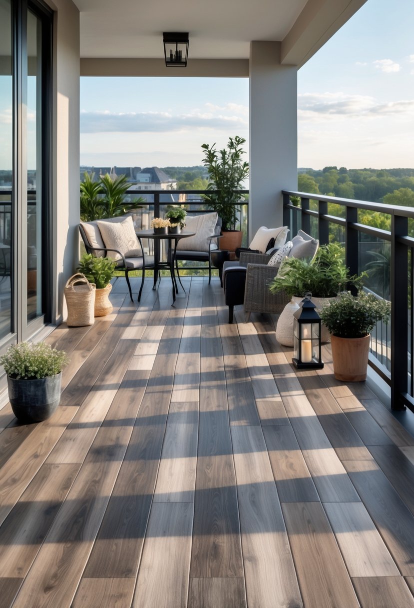 Outdoor balcony with vinyl plank flooring, outdoor furniture, plants, and a scenic background.