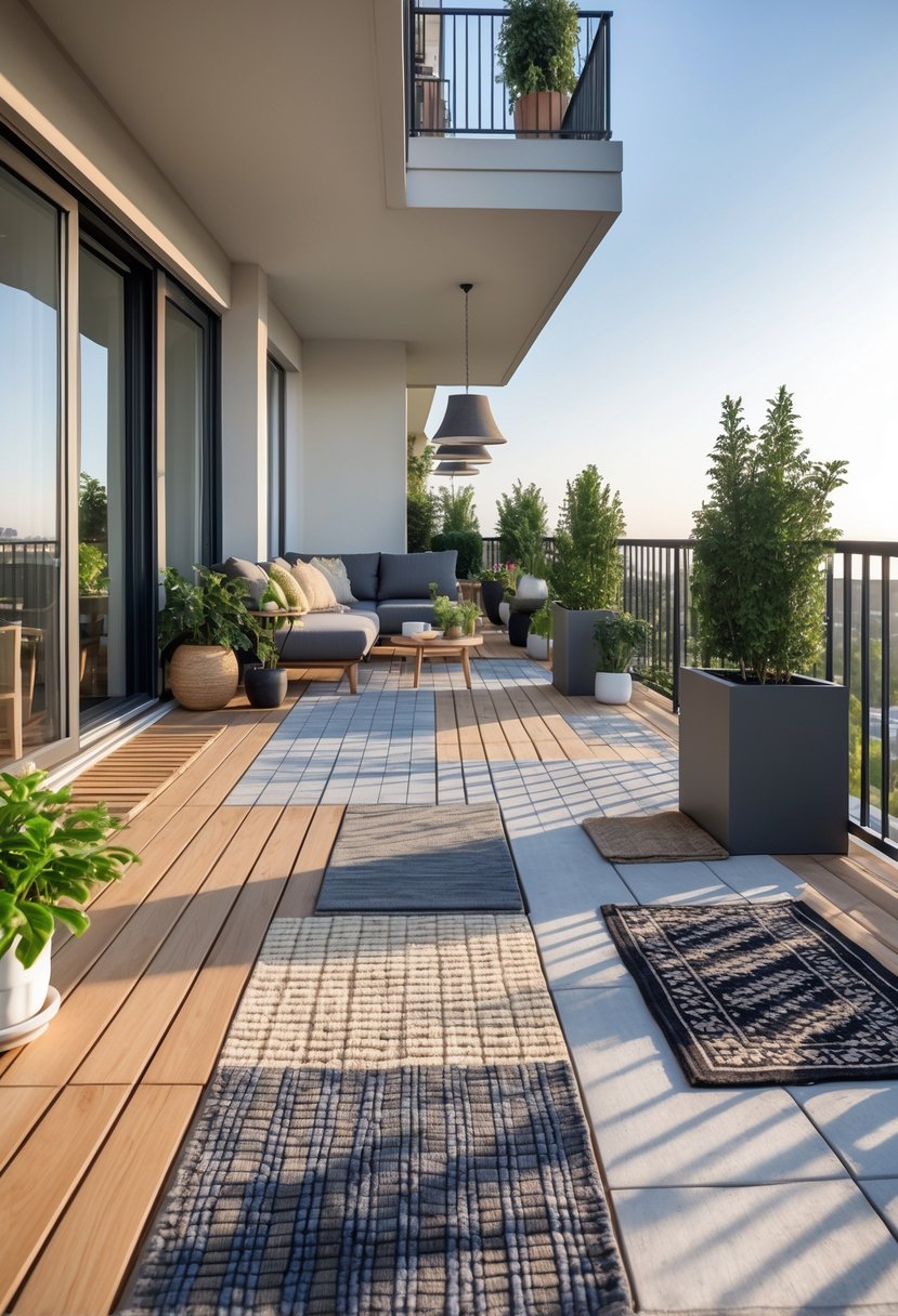 A balcony with different types of flooring materials including wood, stone, tiles, and rugs, decorated with outdoor furniture and plants.