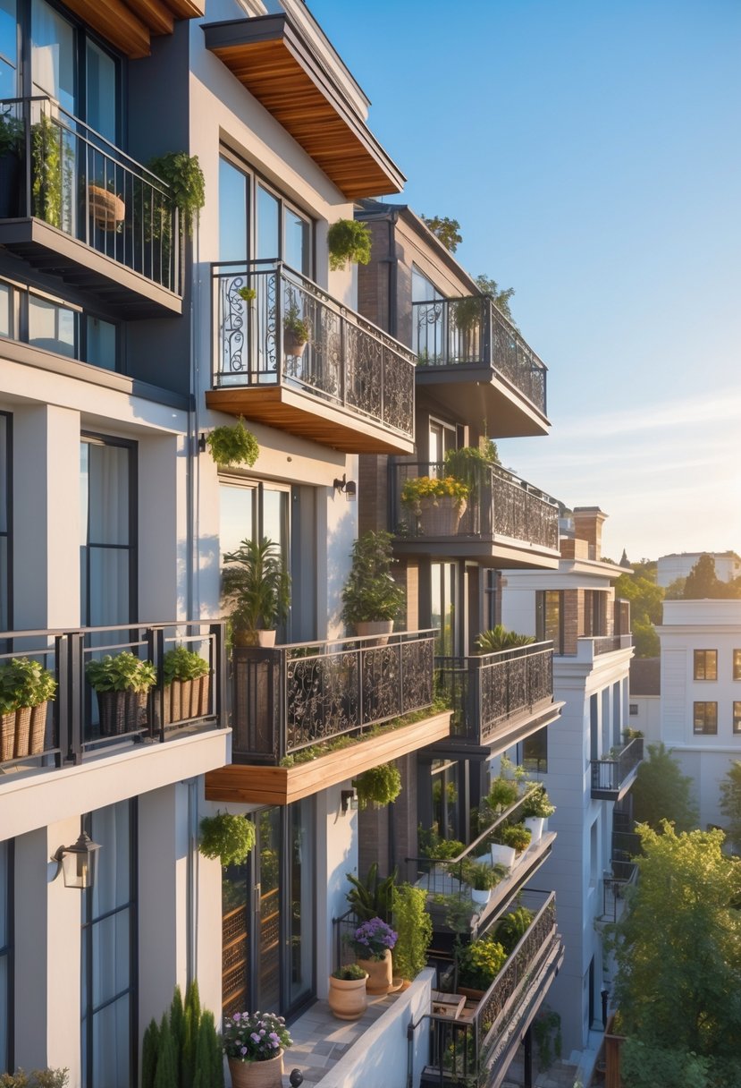 A collection of 15 different Juliet balconies with various railing designs and plants on building facades under a clear sky.
