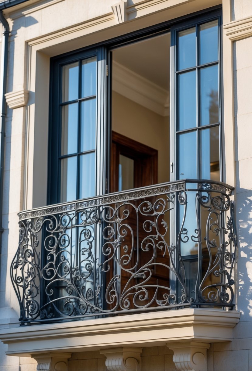 A classic wrought iron Juliet balcony attached to a building with French doors and a light-colored facade.