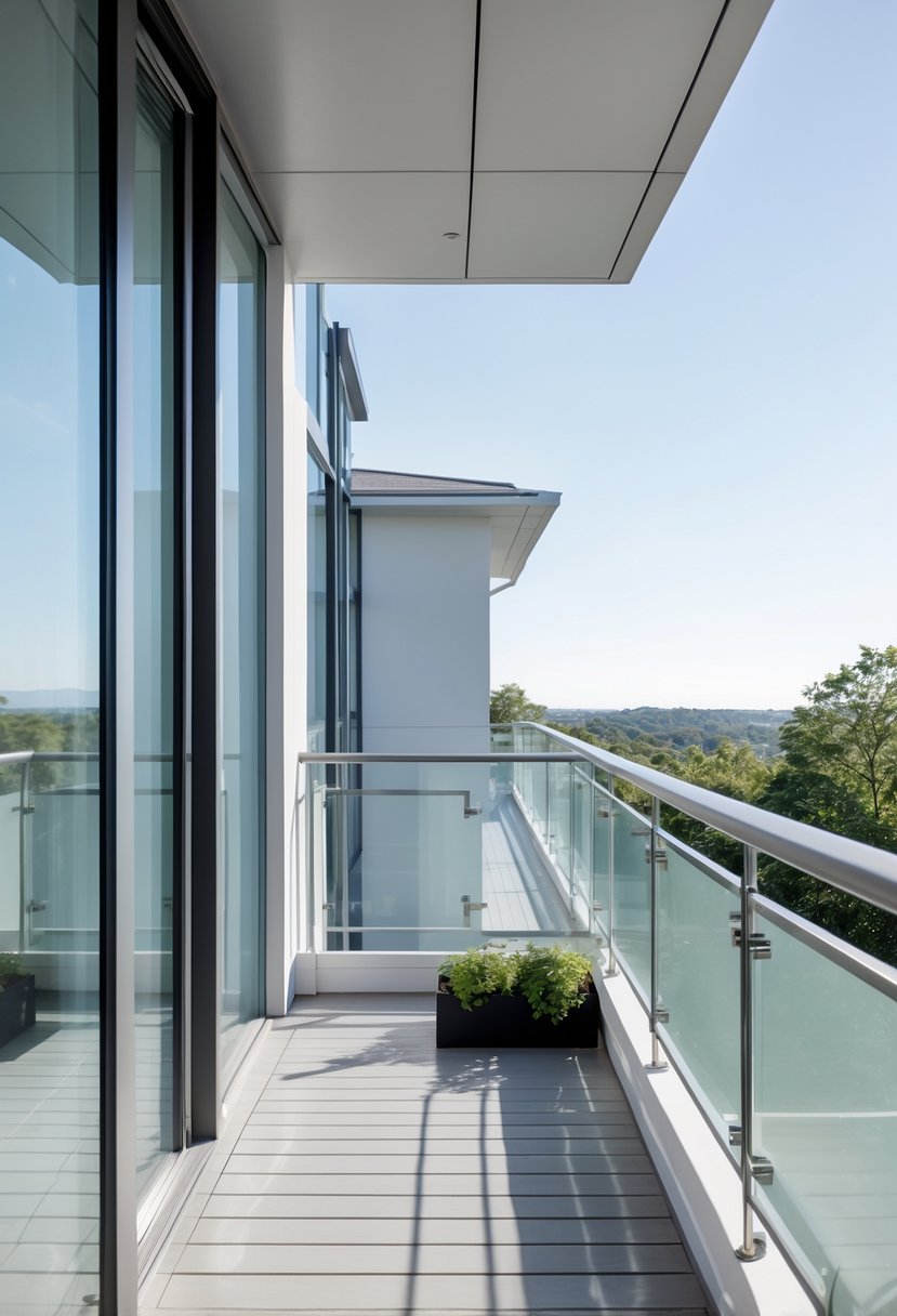 A modern balcony with clear glass panel railings overlooking a cityscape or natural view.