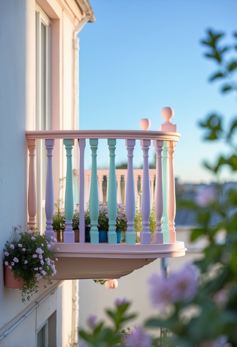 Juliet balcony with pastel-colored railings and small potted plants on a light building facade under a clear sky.