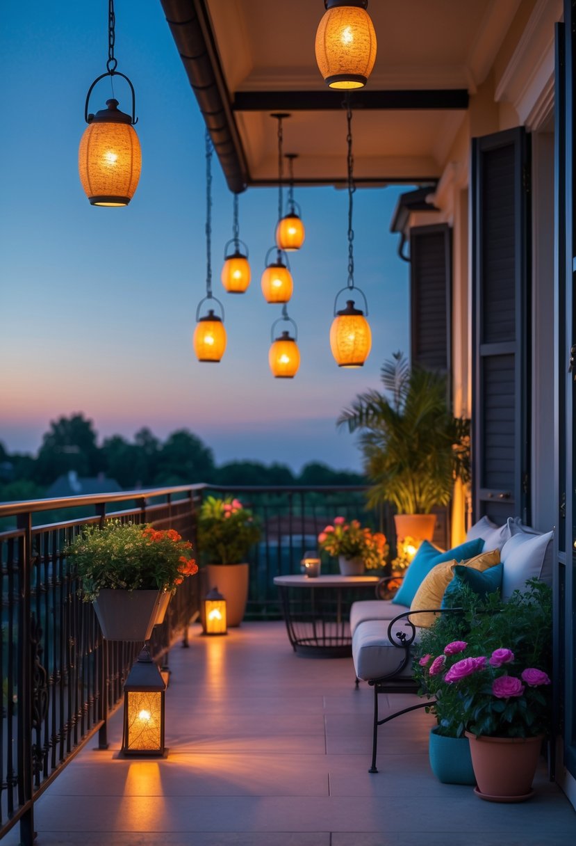A balcony with hanging lantern-style lights, plants, and comfortable seating during early evening.