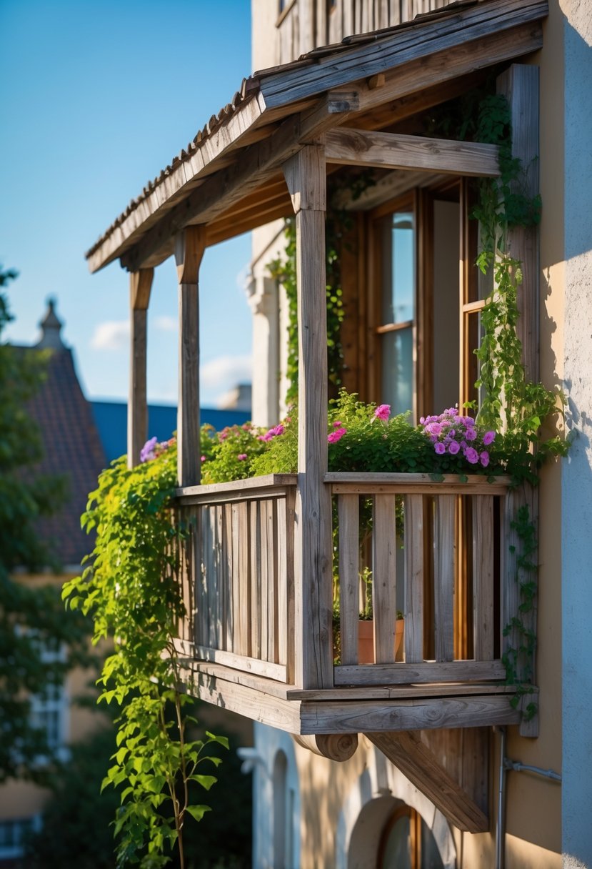 A rustic wooden Juliet balcony with plants and flowers on the exterior of a building under a clear sky.