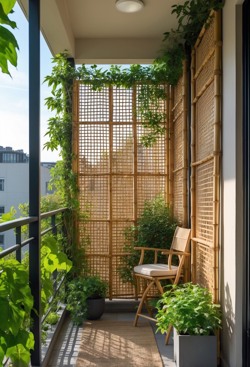 A small Juliet balcony with bamboo and lattice privacy screens surrounded by green plants and vines.