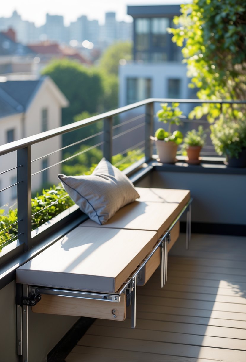 A compact foldable seat installed on a balcony ledge with a city view and a small potted plant nearby.